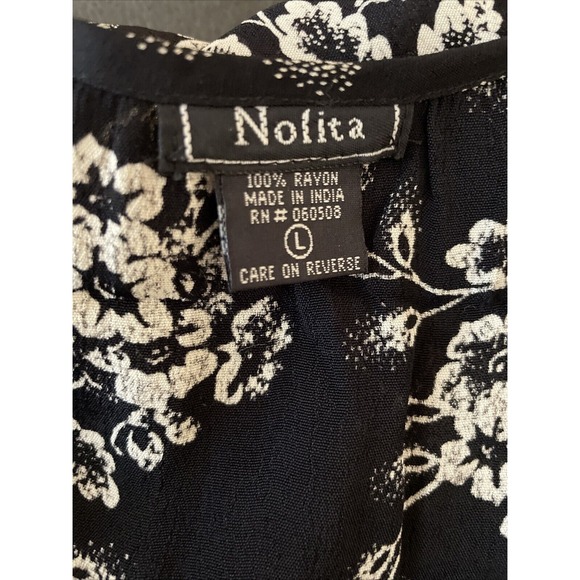 Lolita Black V-Neck Rayon Dress Size L Cream Floral Short Sleeve Tie - Picture 6 of 7
